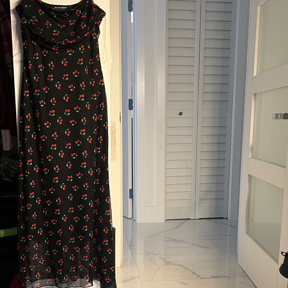 See You Monday Black Maxi Dress with Cherry Print